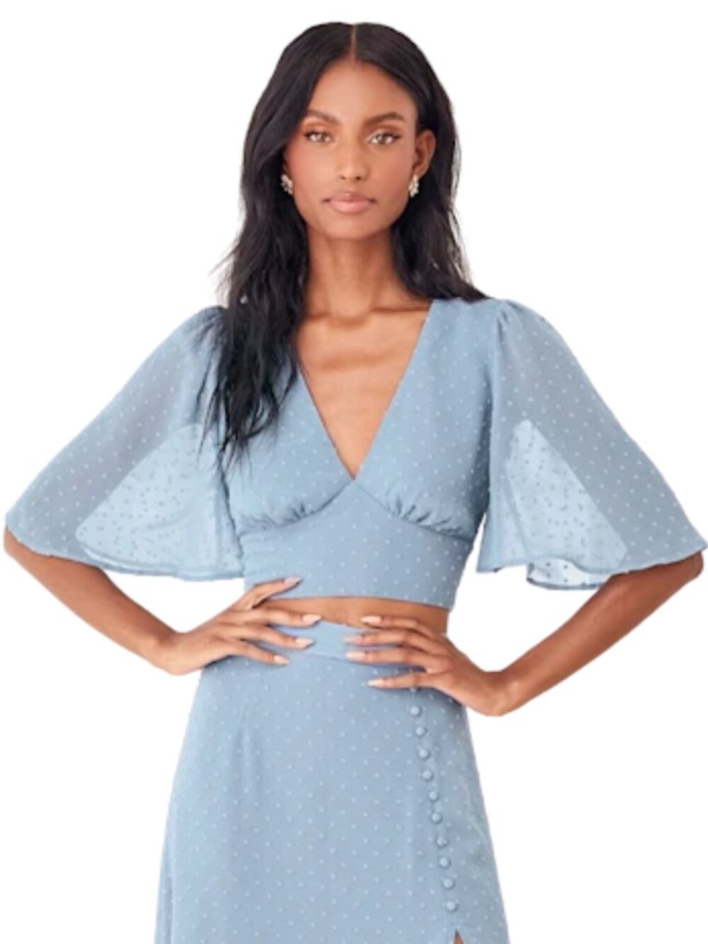 NWT Lulus Slate Blue Swiss Dot Crop Top Tie Back Flutter Sleeve Size Large